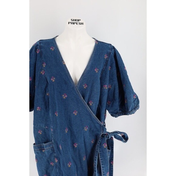 Draper James Women Size 24 Denim Flower Embroidered Wrap Dress - Picture 6 of 11